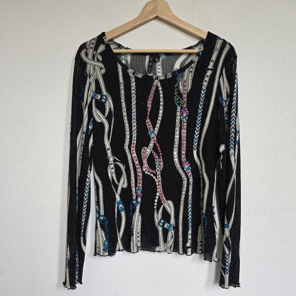 AZI Jeans Sheer Mesh Belt Print Beaded Y2K Top Size M - Picture 3 of 16